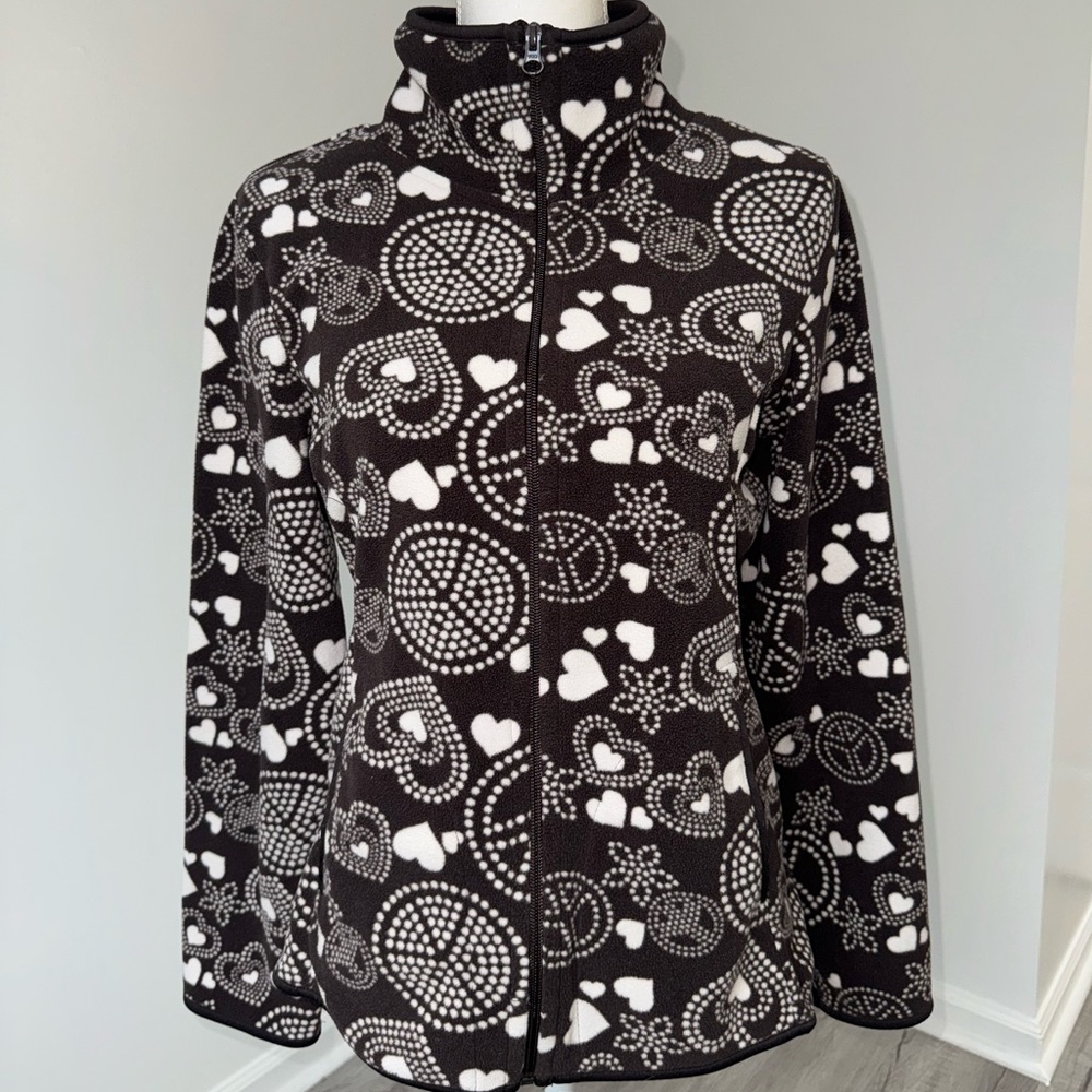 Vtg Old Navy Brown Peace Sign Heart Print Fleece Zip Jacket Women’s M‎ Y2K 2000s